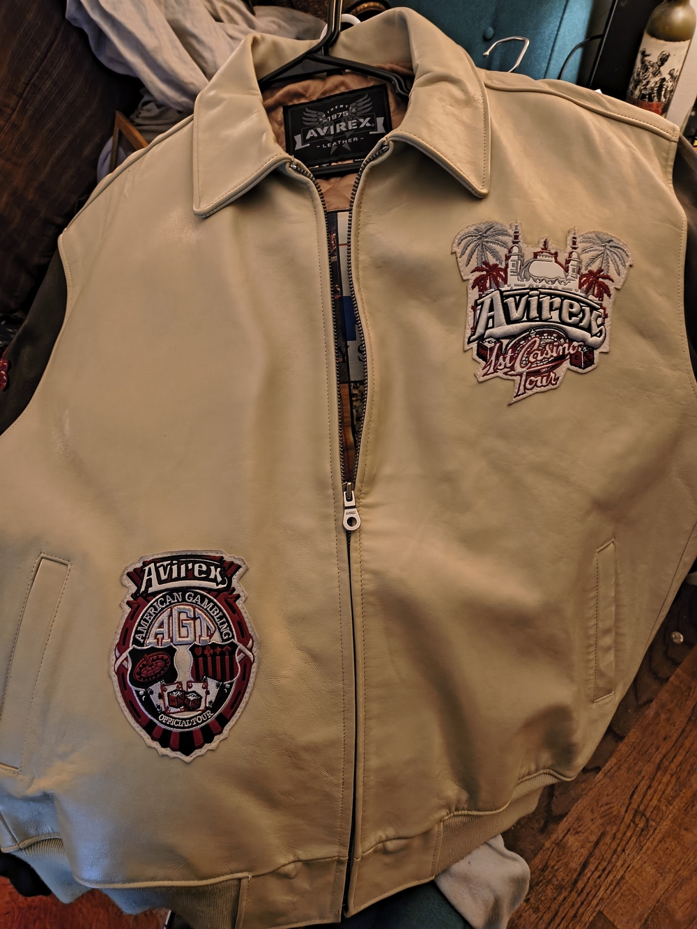 Avirex Beige Leather Bomber Jacket with Embroidered Patches